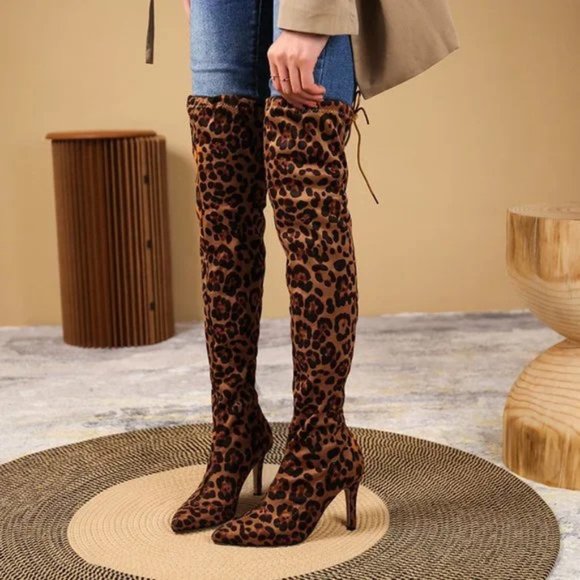 Winter Fashion Leopard Print Pointed-toe Skinny Stiletto Heel High Leg Boot